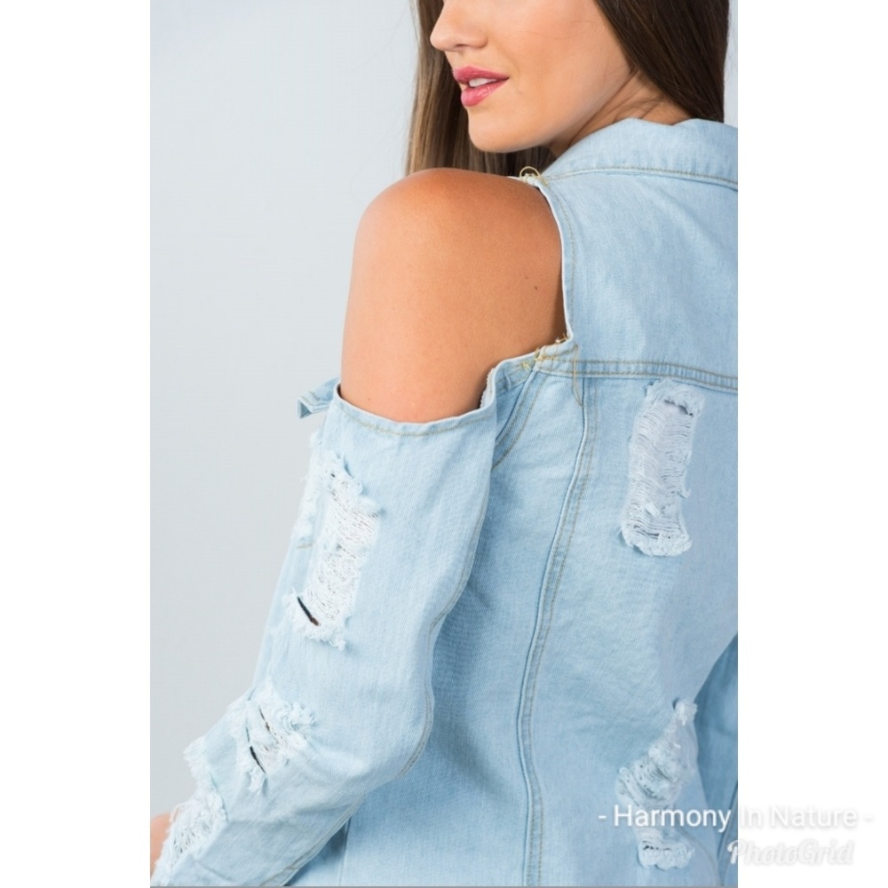 Cold Shoulder Distressed Denim Jacket - Picture 4 of 8